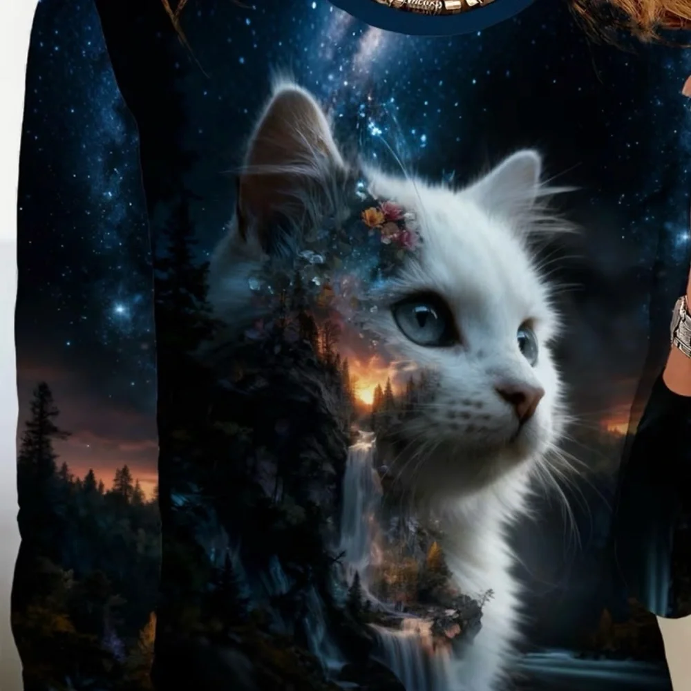 White Cat Galaxy Print Long Sleeved Shirt